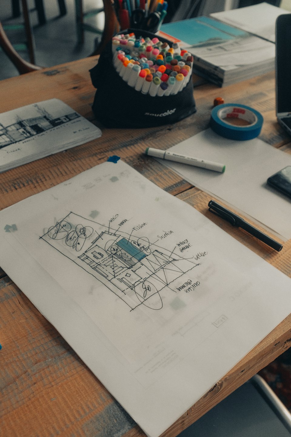 Architectural blueprint and art supplies on a wooden desk.